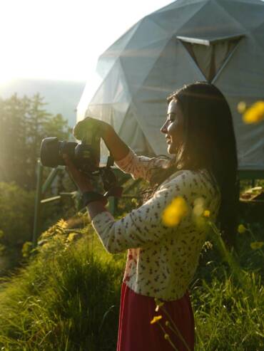 Traveler in nature at eco-friendly GlampEco resort in Manali