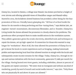 Mint Lounge featuring eco-friendly luxury glamping site GlampEco in Manali