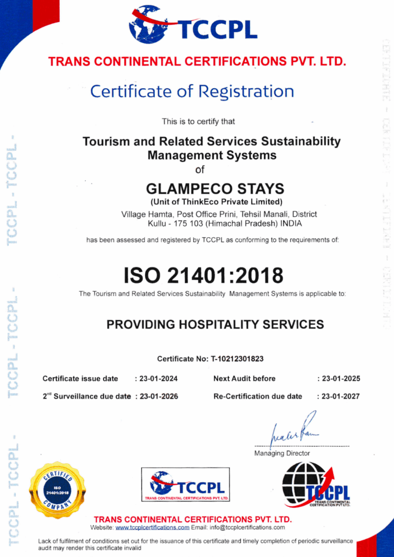 2018 Certification for Sustainability for the first glamping stay in India