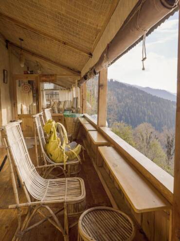 Mountain views from the traditional mudhouse at GlampEco in Manali