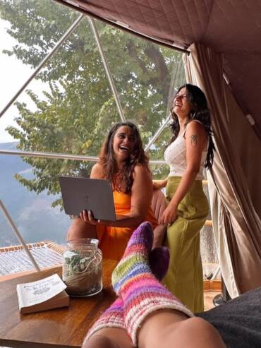 Friends enjoying their stay at luxury dome of GlampEco in Manali