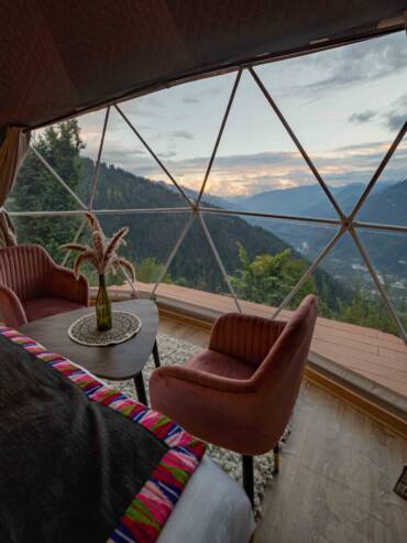 Luxury premium dome with private relaxing space overlooking mountains and a valley at GlampEco Manali
