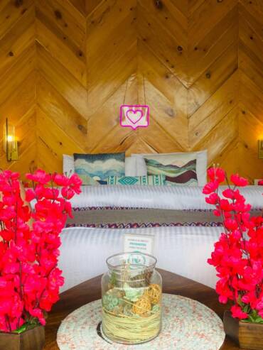 GlampEco dome decorated to celebrate love and joy with themed, sustainable dome decorations